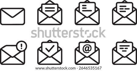 Email Message Icons Show Communication Methods and Notification Symbols, Representing Different States Like Unread, Read, and Important Communication