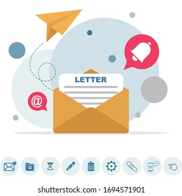 Email message, Infographic, Working process, Social network, Searching mail, New incoming message, Mail sending. Flat email messages inbox