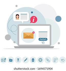 Email message, Infographic, Working process, Social network, Searching mail, New incoming message, Mail sending. Flat email messages inbox