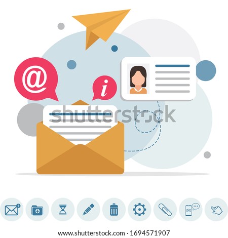 Email message, Infographic, Working process, Social network, Searching mail, New incoming message, Mail sending. Flat email messages inbox