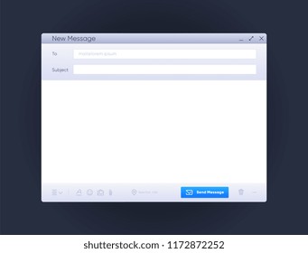 Email message interface with send form with blank form mail page, user interface web panel send vector template.