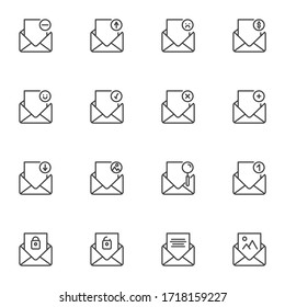 Email message line icons set, outline vector symbol collection, message linear style pictogram pack. Signs, logo illustration. Set includes icons open envelope, receive mail, newsletter correspondence