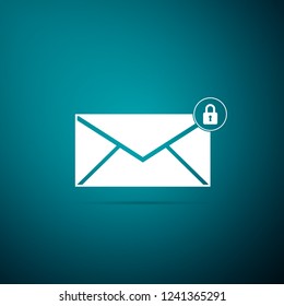 Email message lock password icon isolated on blue background. Envelope with padlock sign. Private mail and security, secure, protection, privacy symbol. Flat design. Vector Illustration