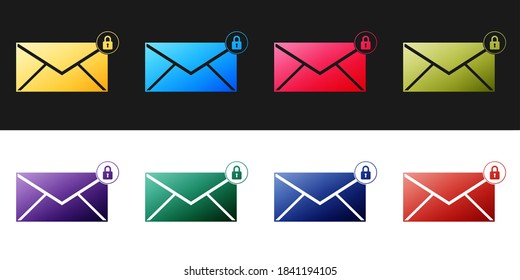 Email message lock password icon set isolated on black and white background. Envelope with padlock. Private mail and security, secure, protection, privacy. Vector.
