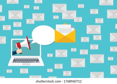 Email message and megaphone. Message reminder concept. Newsletter. Flat style vector