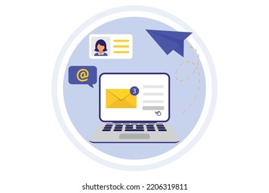 Email message. Messaging. New incoming message, mail sending. Envelope with letter, notification computer screen and paper plane. Concept sending and receiving mail messages, social network, chat