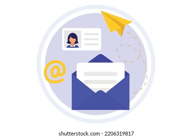 Email message. Messaging. New incoming message, mail sending. Open envelope with letter, notification screen and paper plane. Concept sending and receiving mail messages, social network, chat