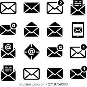 Conjunto de iconos de notificación de correo electrónico y mensaje. Contiene sobres, insignias no leídas, cartas abiertas, alertas móviles, envío de símbolos y más.