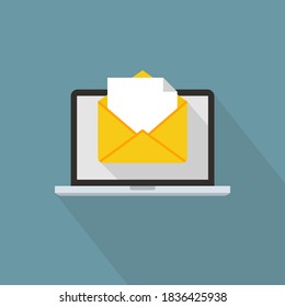 Email message on laptop. Envelope and document on computer screen. E-mail concept. Flat design sign for mobile and web concept. Vector illustration.