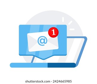 Email message on laptop screen. Message reminder, Newsletter. Notification on computer. Vector illustration.