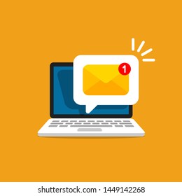 Email message on screen in laptop. Message reminder concept. Newsletter on computer. Vector illustration in flat style.