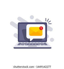 Email Message On Screen In Laptop. Message Reminder Concept. Newsletter On Computer. Vector Illustration In Flat Style.