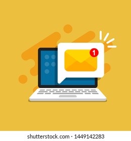 Email message on screen in laptop. Message reminder concept. Newsletter on computer. Vector illustration in flat style.