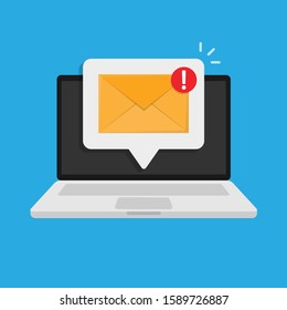 Email message on screen in laptop. Message reminder concept. Envelope sign in speech bubble on computer. Stock vector illustration in a flat style.10 eps.