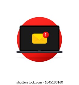 Email message on screen in laptop. Email notification concept. Message reminder concept. Envelope on computer. Vector flat cartoon illustration for web sites.