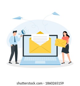 Email message on screen in laptop. Man and woman holding envelopes. Electronic mail message concept as part of business marketing. Vector Illustration.