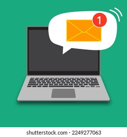 Mensaje de correo electrónico en pantalla en el portátil. Portátil con sobre en pantalla. Concepto de recordatorio de mensajes. Boletín en computadora. Correo electrónico que recibe el símbolo, servicio, notificación, correo electrónico, nuevo mensaje.