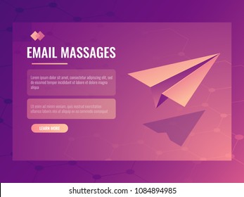 Email and message sending concept, isometric vector paper small aircraft, mailing banner