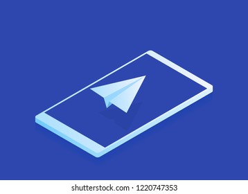 Email and message sending concept, isometric paper plane on phone screen, online marketing, mailing banner. Modern vector illustration.