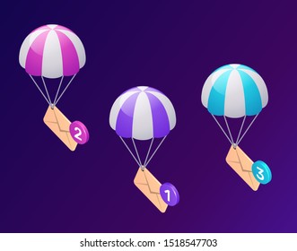 Email message service icons, isometric concept vector illustration. Flying or parachuting icon envelopes, unread messages isolated on ultraviolet background