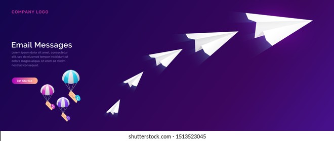 Email message service, isometric concept vector illustration. Flying paper plane and parachuting icon envelopes, unread message, ultraviolet web page for email marketing company, sending notifications