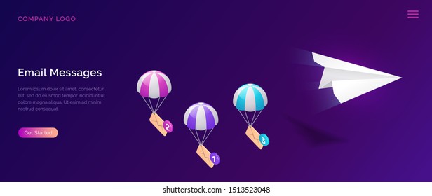 Email message service, isometric concept vector illustration. Flying paper plane and parachuting icon envelopes, unread message, ultraviolet web page for email marketing company, sending notifications