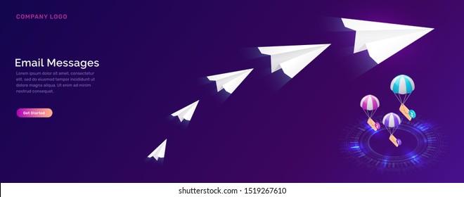 Email message service, isometric concept vector. Flying paper planes and parachuting icon envelopes descend to luminous circle, ultraviolet web page for email marketing company, sending notifications