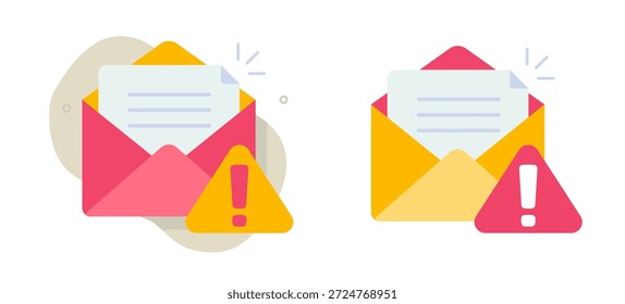 Mensagem de e-mail spam aviso ícone de alerta, segurança phishing envelope web carta scam advertência notificação vetor simples ilustração plana, fraude cibernética e atenção de ameaça de correio, proteção contra malware