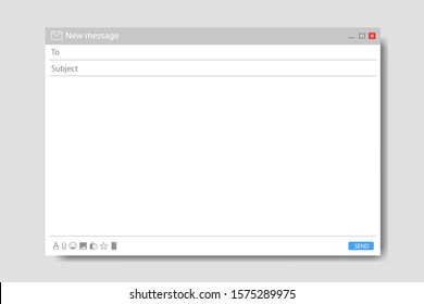 Email message template. Mockup blank mail screen window. Browser interface with with send form of mail box. Flat email page for message. Blank ui design. Frame interface for website. Isolated vector
