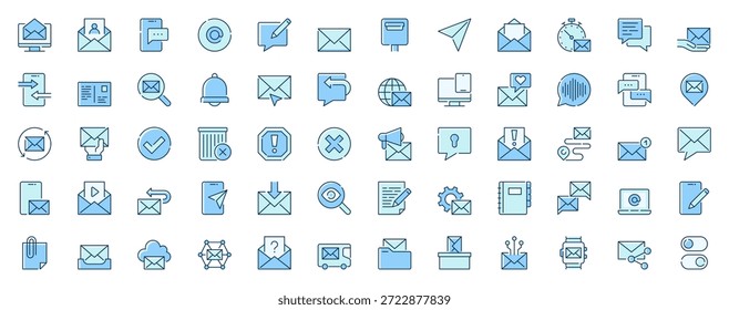 Websymbole für E-Mail-Nachrichten, die im Zeilendesign festgelegt sind. Duotone Piktogramm Paket von Benachrichtigung, digitaler Brief, Umschlag, Chat, Post schreiben, Mailbox, Mail-Kontakt, mehr Umriss Strichzeichen. Vektorgrafik.