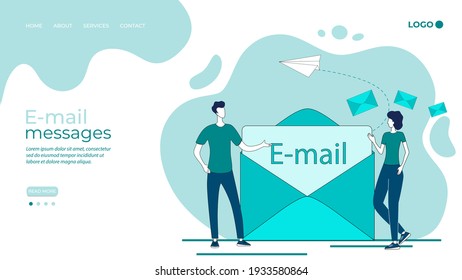 E-mail messages.The concept of a mail service.Chat in social networks.People and a large envelope.Flat vector illustration.The landing page template.