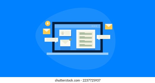Mensajes de correo electrónico, escritura de contenido de correo electrónico, envío de correo desde laptop, concepto de marketing de correo electrónico - ilustración vectorial con fondo de iconos