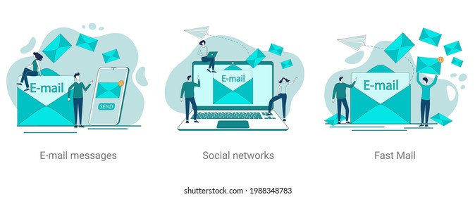 Email messages,social networks, and fast mail.A set of vector illustrations on a business theme.Abstract illustrations in green color.