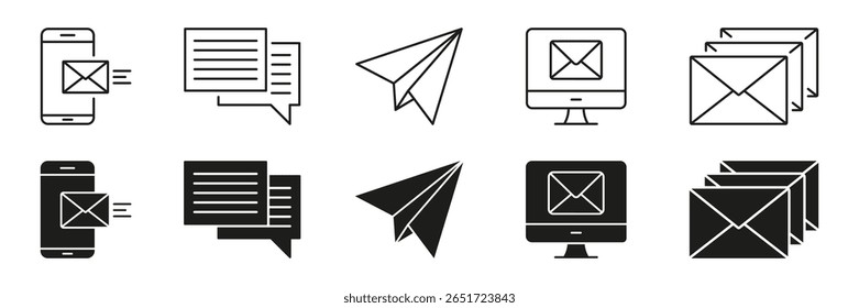 Email And Messaging Communication Line And Solid Icon Set. Digital Correspondence, Mobile Messaging Symbol Collection. Email Delivery And Online Chat Interface. Isolated Vector Illustration.