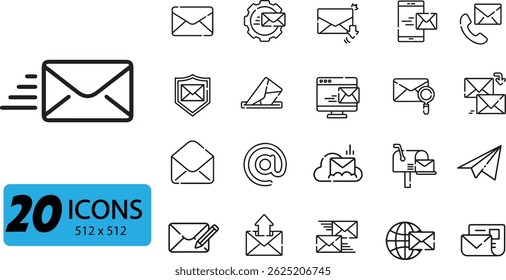 Email and Messaging Icon Set: 20 Outline Vector Illustrations Representing Digital Communication