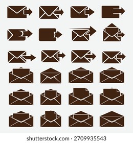 Conjunto de iconos de correo electrónico y mensajería con varios sobres y flechas