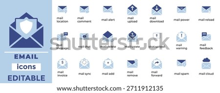 Email and Messaging Icons Communication, Mail Security, Inbox, Notification, Cloud Mail Vector Set