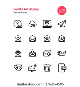 Email and messaging line icon set. Social media, online chat, messenger app, mobile, smartphone, newsletter, spam, mail box, address book. Vector on isolated white background. Eps 10.