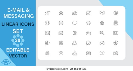 Email and messaging linear icons set. Communication, envelope, message, mail and more. Outline vector icon in linear style. Editable stroke. Vector illustration.