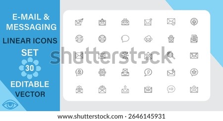 Email and messaging linear icons set. Communication, envelope, message, mail and more. Outline vector icon in linear style. Editable stroke. Vector illustration.