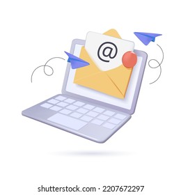 Email and messaging, Email marketing campaign. Sending receiving emails. Online message notification, business correspondence. Modern 3D laptop template icon vector illustration. Mailing list design