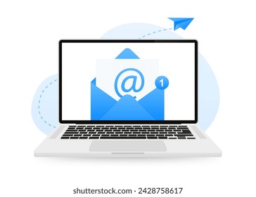 Email and Messaging, Sending and receiving emails via modern laptop, Workflow, New Email. Online marketing and business. Open envelope with letter and paper plane. Vector illustration