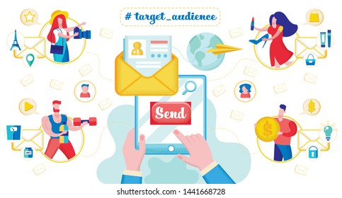 E-mail Messaging to Target Audience, Online Marketing Strategy Flat Vector Concept with Company Manager Sending Advertising Messages, Promo Materials to Potential Customers with E-mail Illustration