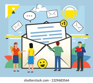 Email, messenger application concept. People stand near big envelope, letter. Poster for social media, web page, banner, presentation. Flat design vector illustration