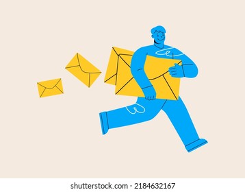 E-mail, messenger service concept. Man send,  deliver paper letters, emails, messages, spam, newsletters in envelopes. Vector illustration
