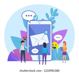 Email, mobile messenger application concept. Small people stand near big smartphone with envelope, letter. Poster for social media, web page, banner, presentation. Flat design vector illustration