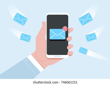 Email mobile phone notifications vector illustration, flat cartoon smartphone with read and unread inbox messages, concept of mail on cellphone