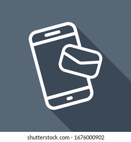 Email and mobile phone, outline design. White flat icon with long shadow on blue background