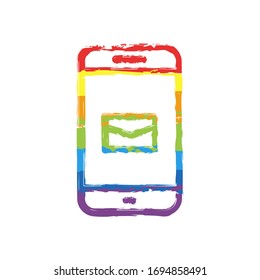 Email and mobile phone, outline design. Drawing sign with LGBT style, seven colors of rainbow (red, orange, yellow, green, blue, indigo, violet