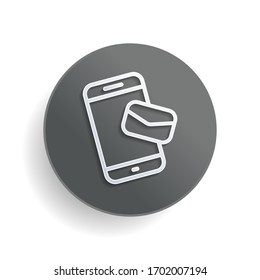 Email and mobile phone, outline design. White paper symbol on gray round button or badge with shadow